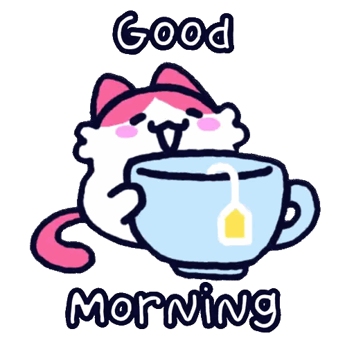 Pink White Cat With Tea Good Morning
