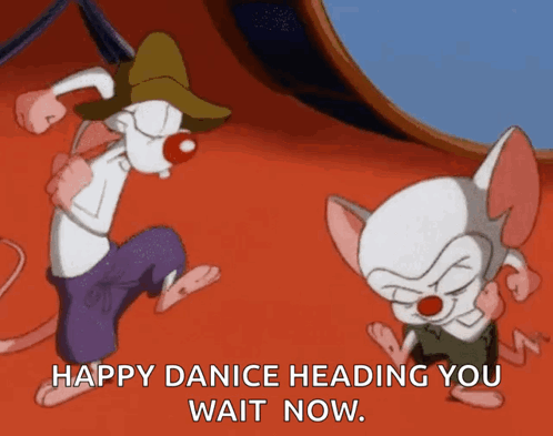 pinky and the brain are dancing in a cartoon and the caption says happy danice heading you wait now