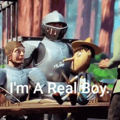 Pinocchio Saying I'm A Real Boy Next To Knight GIF