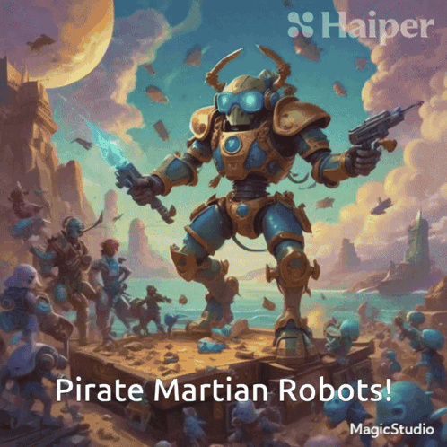 Pirate Martian Robot Holding Sword and Gun