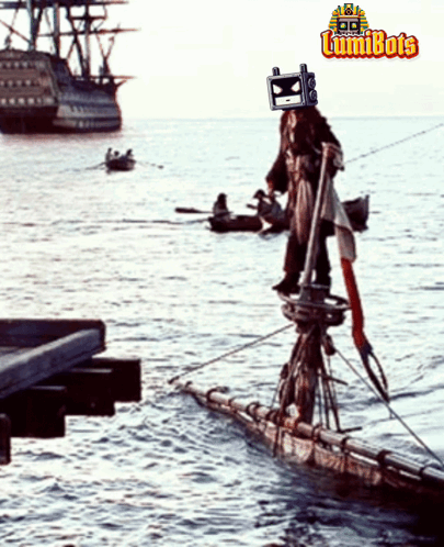 Pirate on Raft in Ocean With Lumibots Logo