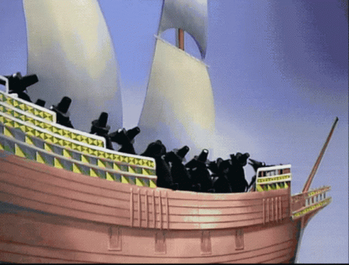 Pirate Ship Model With Yellow And White Striped Railing GIF