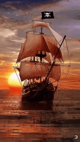 Pirate Ship With Skull And Crossbones Flag GIF