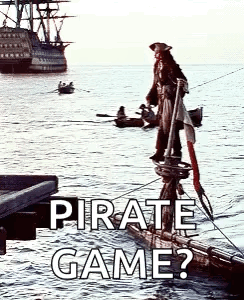 Pirate Standing On Raft In Ocean With Ship GIF