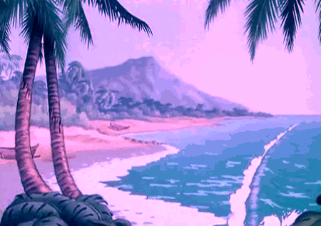 Pixel Art Beach With Palm Trees And Mountains GIF