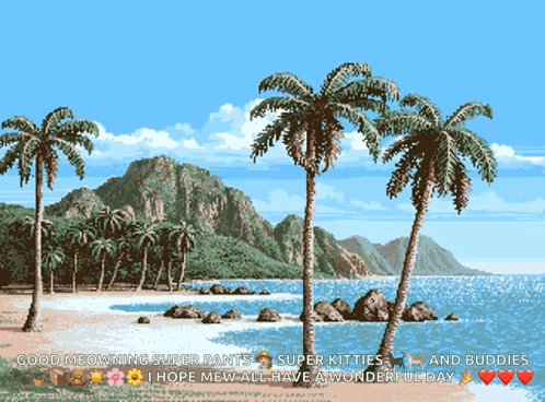 Pixel Art Beach With Palm Trees and Mountains