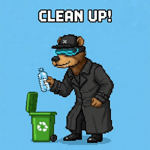 Pixel Art Bear Throwing Bottle Into Recycling Bin Saying Clean Up