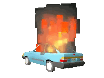 Pixel Art Blue Car in Front of Burning Building