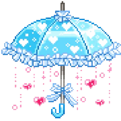 Pixel Art Blue Umbrella Pink Hearts Blue Bow