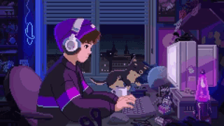 Pixel Art Boy at Computer with Headphones