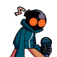 Pixel Art Cartoon Character with Orange Eyes and Blue Jacket