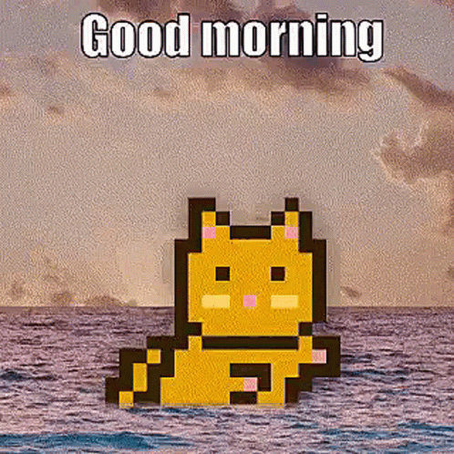 Pixel Art Cat Floating in Ocean With Good Morning Text