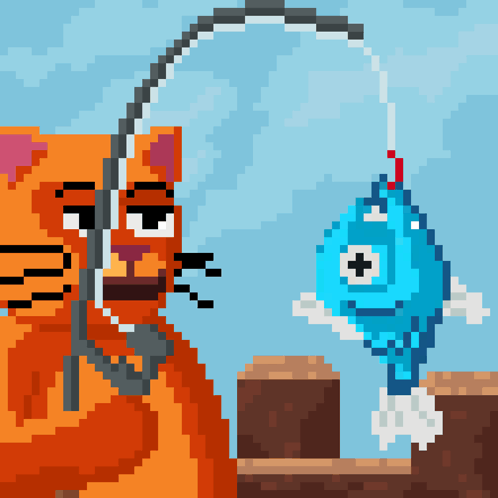 Pixel Art Cat Holding Fishing Rod Next to Fish