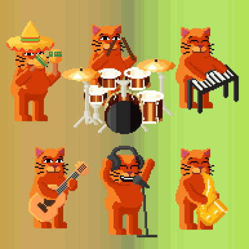Pixel Art Cat Playing Musical Instruments