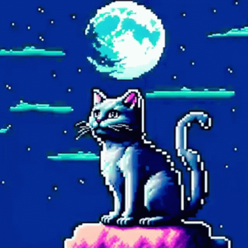 Pixel Art Cat Sitting On Rock Under Full Moon GIF