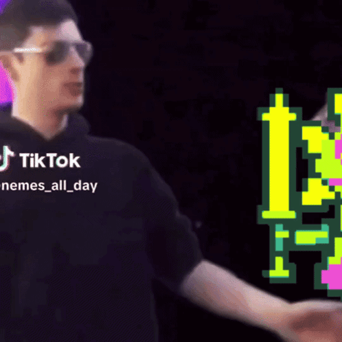 Pixel Art Cat With Glasses And Pink Dress Beside Skeleton GIF