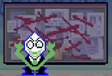 Pixel Art Character Standing By Bulletin Board With Papers GIF