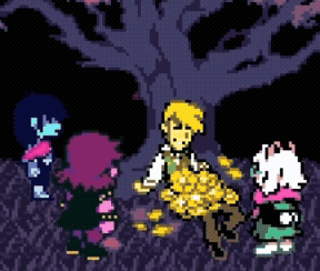 Pixel Art Characters Standing Around Tree