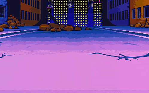 Pixel Art City at Night Buildings Rocks