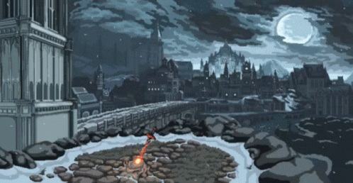 Pixel Art City at Night With Full Moon