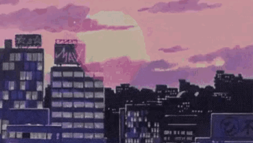 Pixel Art City Skyline Night Purple Full Moon