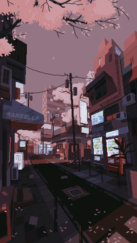 Pixel Art City Street With Vanella Store GIF