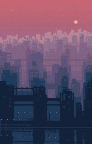 Pixel Art City With Bridge And Moon GIF
