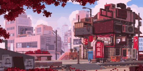 Pixel Art City With Chinese Writing