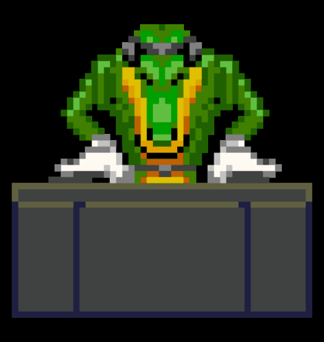 Pixel Art Crocodile Wearing Headphones at Table