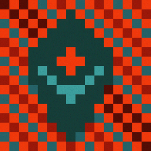 Pixel Art Cross on Red and Blue Checkered Background