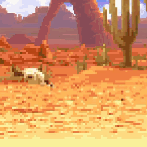 Pixel Art Desert Scene With Cactus