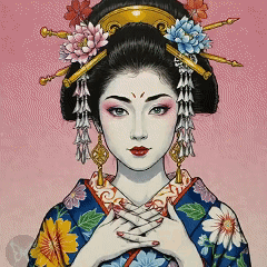 Pixel Art Geisha In Kimono With Flowers GIF
