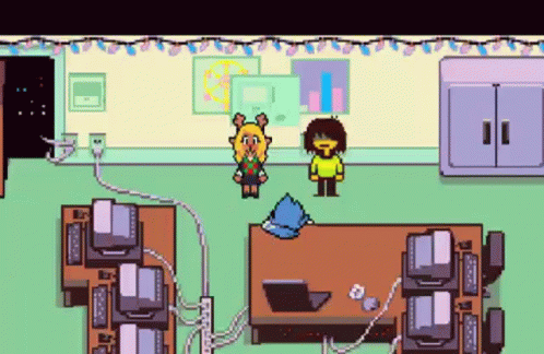 Pixel Art Girl and Boy Standing Next to Computers