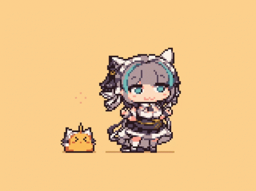 Pixel Art Girl In Maid Costume Standing Next To Cat GIF