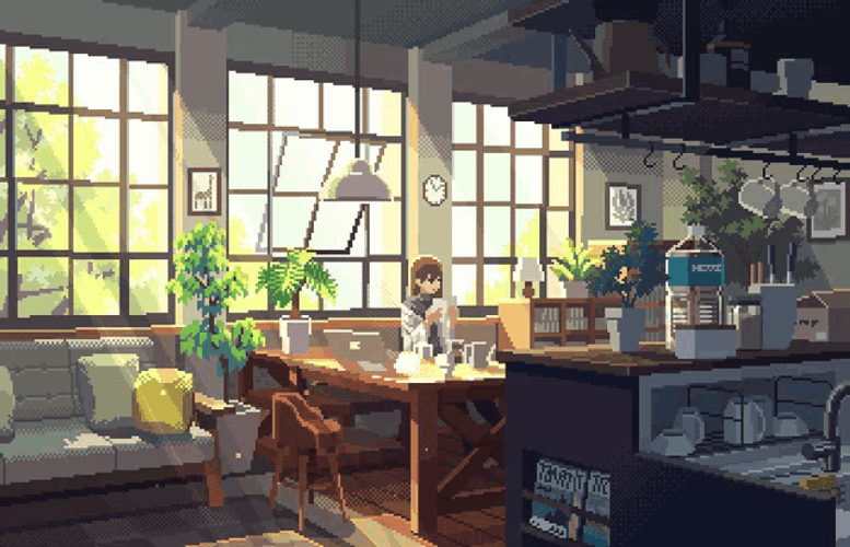 Pixel Art Girl In The Kitchen GIF