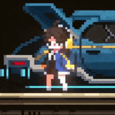 Pixel Art Girl Standing Next To Blue Car GIF