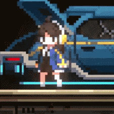 Pixel Art Girl Standing Next To Blue Car GIF