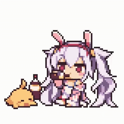 Pixel Art Girl With Bunny Ears Sitting Next To Dog GIF