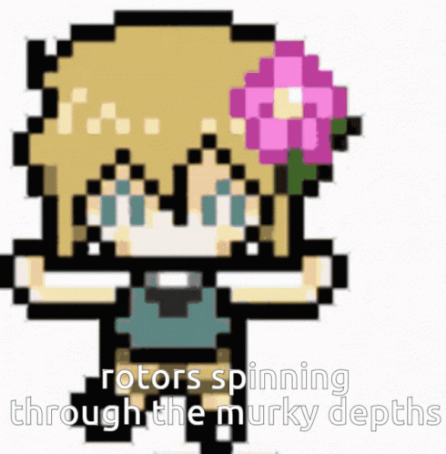 Pixel Art Girl With Flower in Her Hair Rotors Spinning Through the Murky Depths