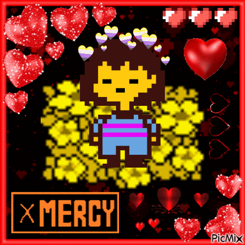 Pixel Art Girl With Hearts on Head Saying Mercy