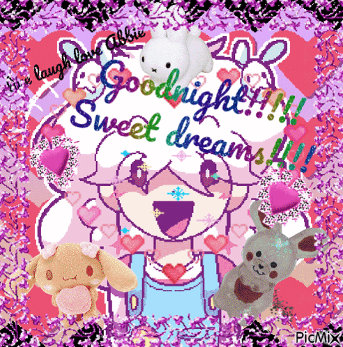 Pixel Art Girl With Stuffed Animals Saying Goodnight Sweet Dreams