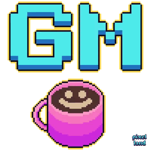 Pixel Art GM Letter Next to Smiling Pink Cup