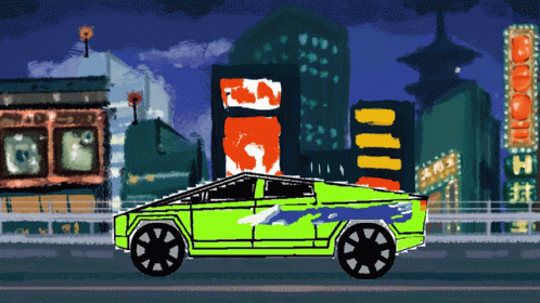 Pixel Art Green Car in Front of Hot Wheels Sign