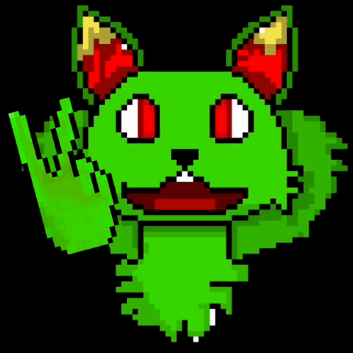Pixel Art Green Cat with Red Ears Covering Face