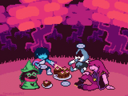 Pixel Art Group Around Table With Cake GIF