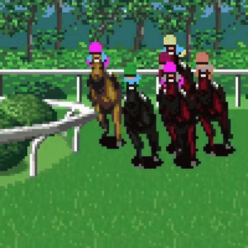 Pixel Art Horse Race with Pink and Blue Helmets