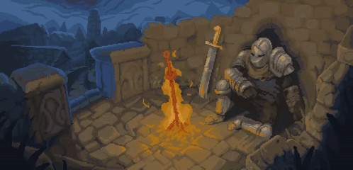 Pixel Art Knight With Sword Next to Campfire