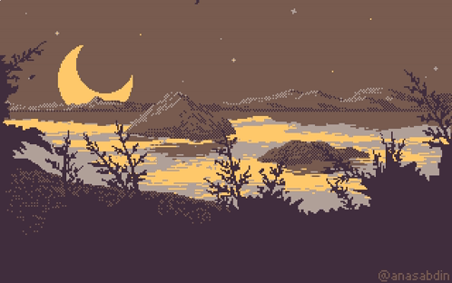 Pixel Art Lake At Night With Crescent Moon GIF
