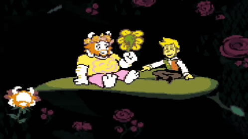 Pixel Art Man and Woman on Leaf with Flowers