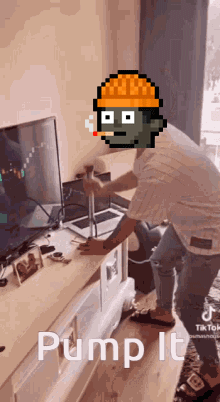 Pixel Art Man in Front of TV Saying Pump It